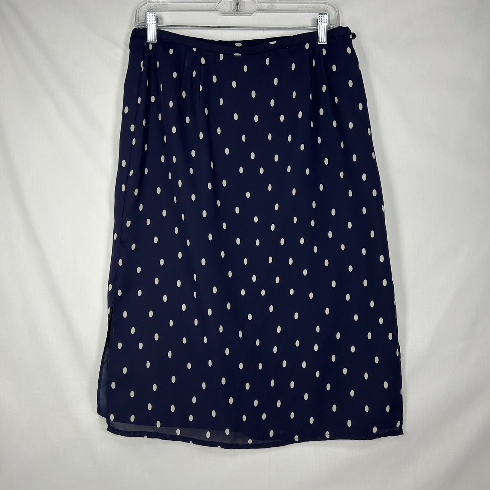 Vintage Norton McNaughton Navy Polka Dot Midi Skirt Y2K Side Slit Skirt 10P